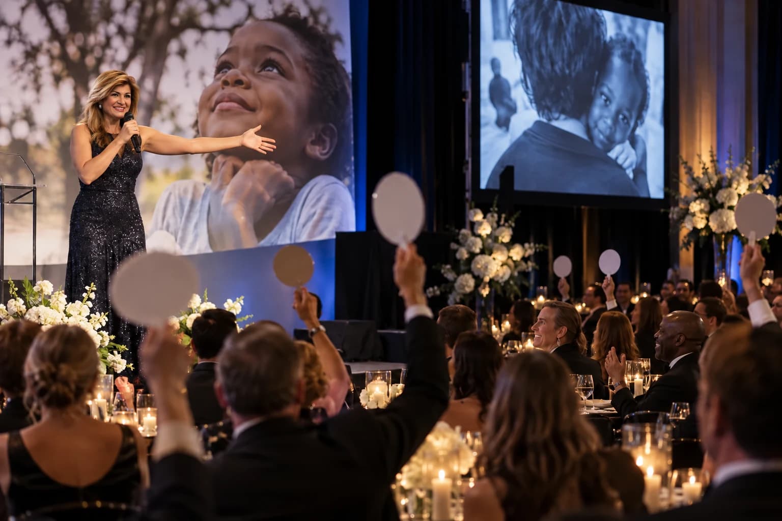 Anne Nouri inviting audience participation in a gala scene