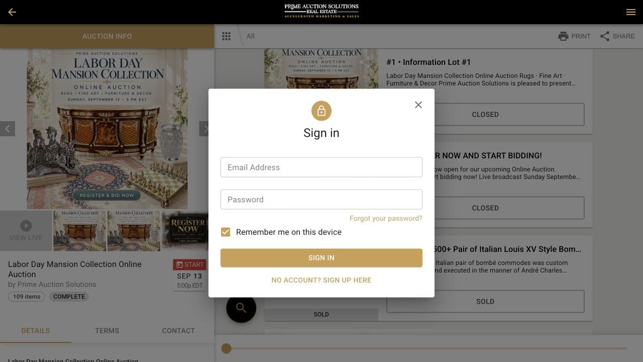 Prime bidding platform sign-in screen with a No Account? Sign Up Here option