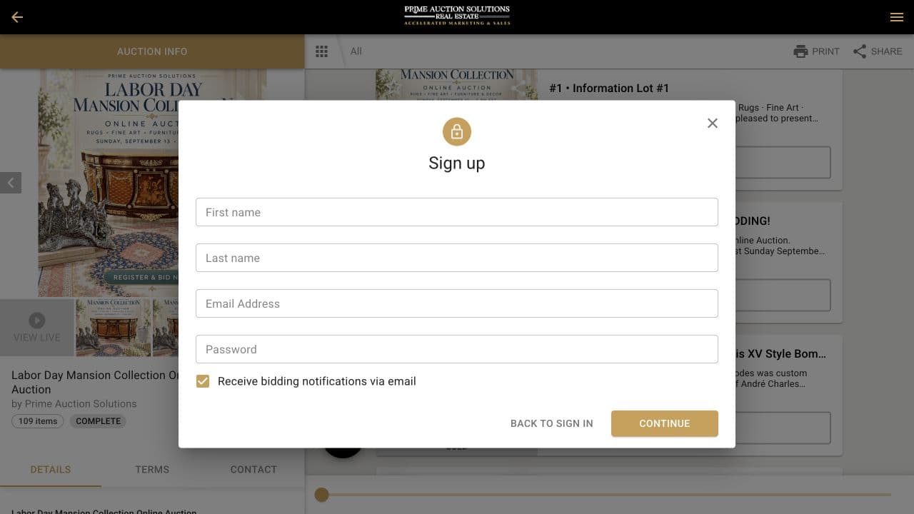 Prime bidding platform sign-up screen requesting first name, last name, email address, and password