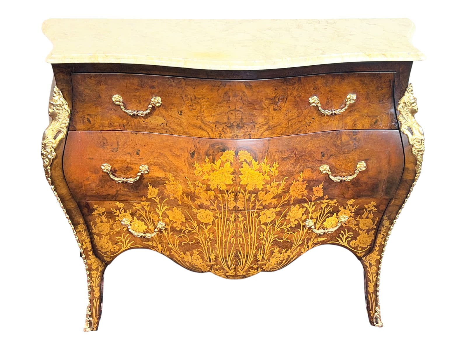 Marble-top inlaid bombe commode from a recent Prime auction catalog