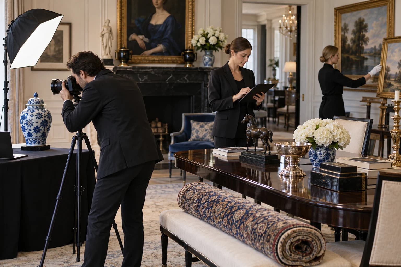 Professional team photographing, inventorying, and organizing estate contents for auction