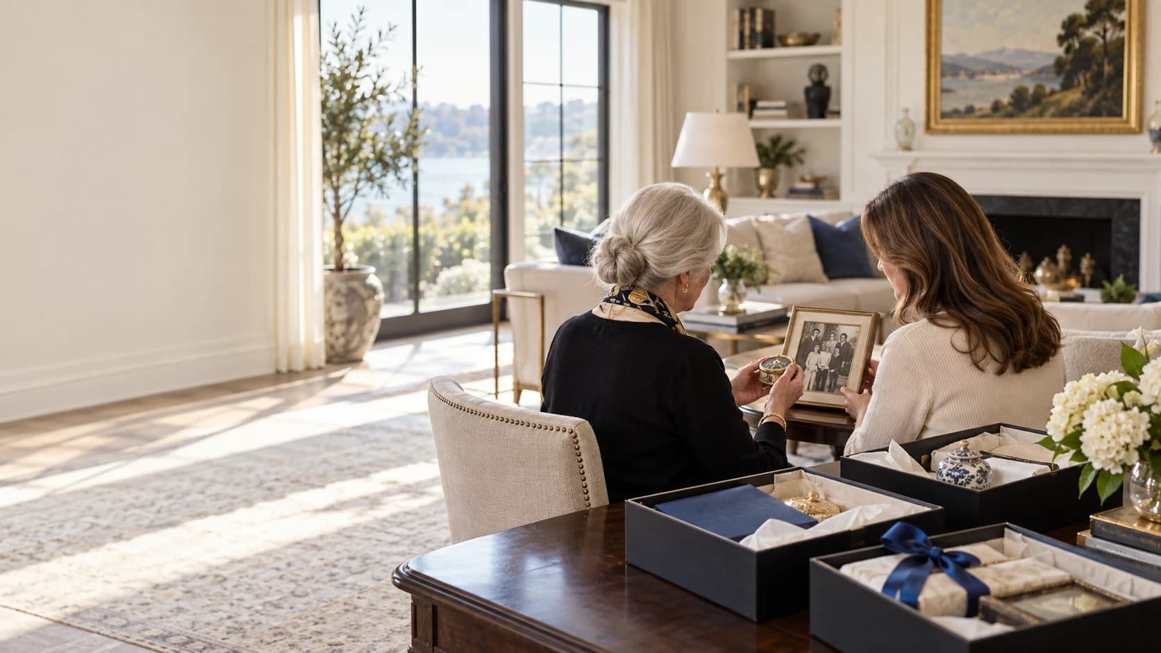 Mother and adult daughter reviewing family keepsakes during an organized estate transition