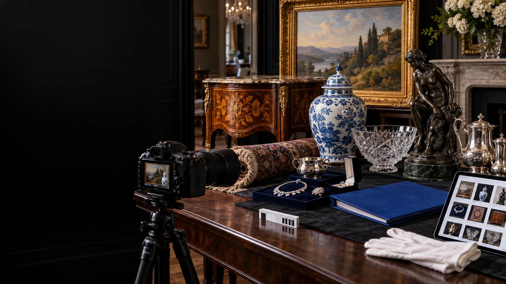 Fine art, furnishings, porcelain, silver, jewelry, and rugs prepared for auction catalog photography