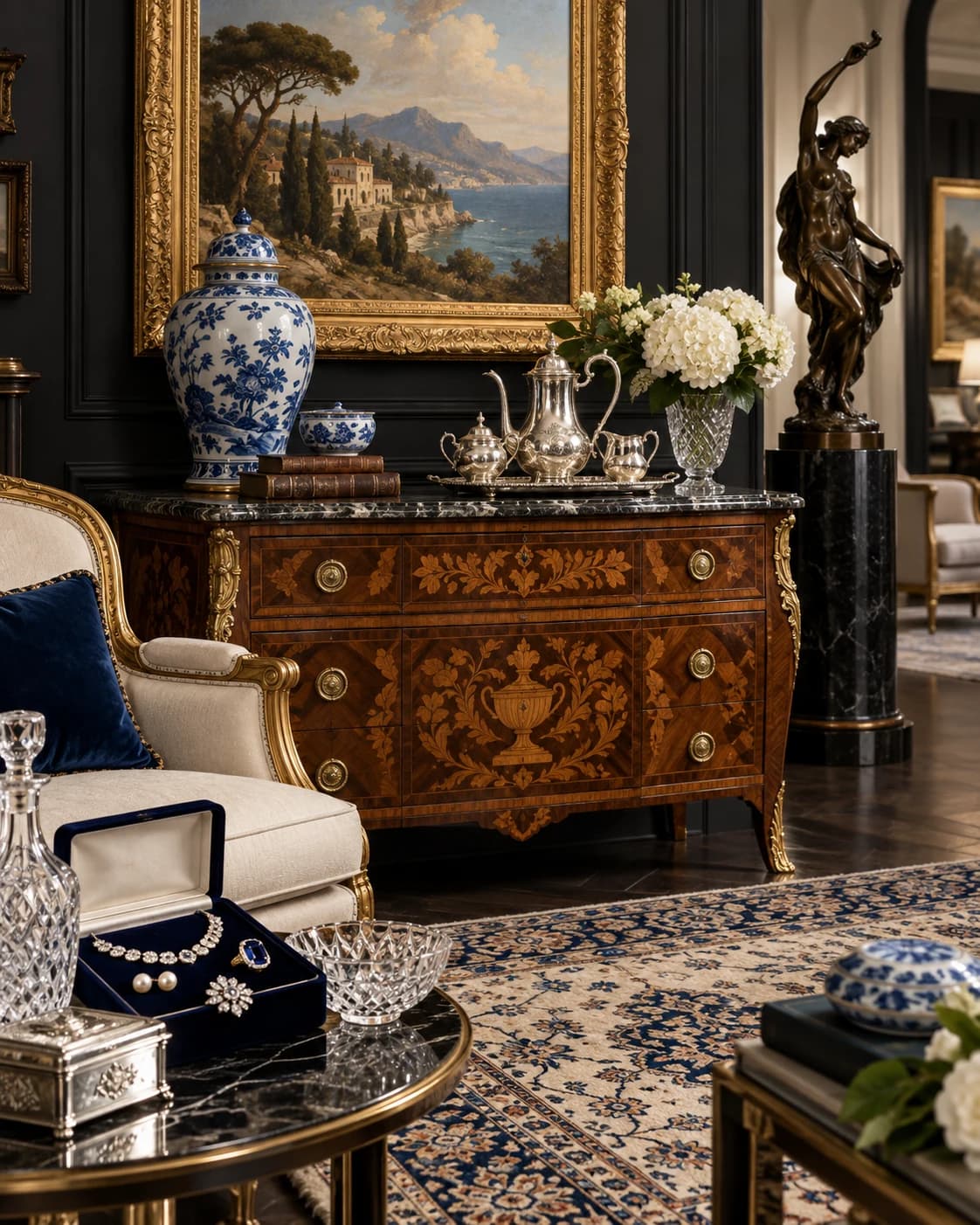Fine art, furniture, porcelain, silver, jewelry, crystal, and rugs representing personal property auctions